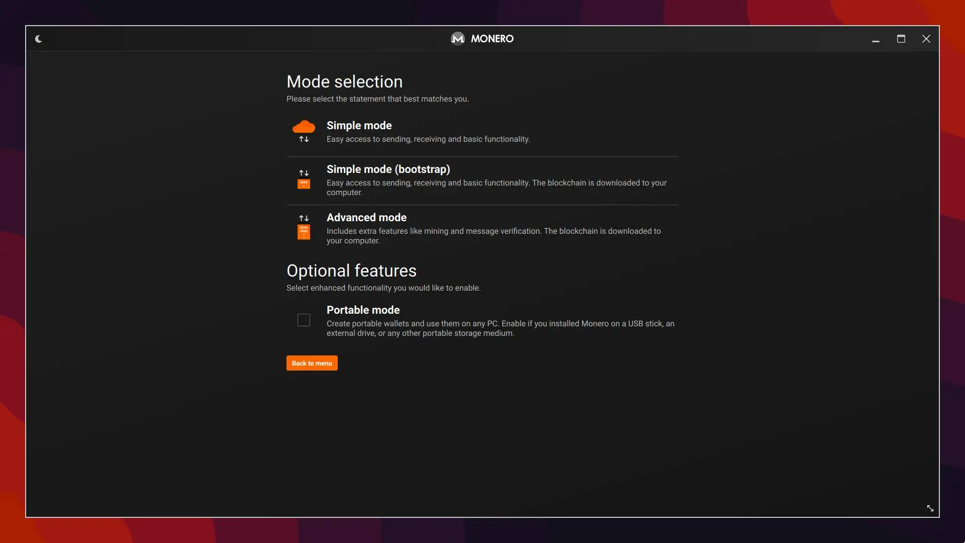 Monero GUI wallet type selection page