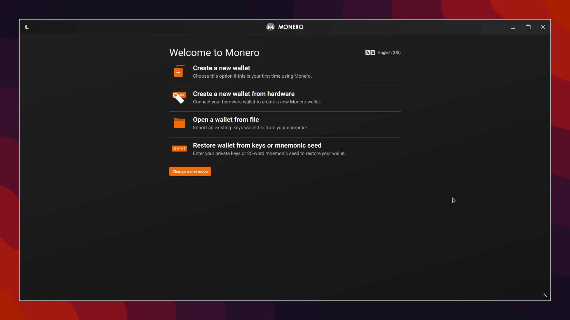 Monero GUI wallet welcome page